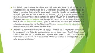  Un listado que incluya los derechos del niño relacionados al acceso a la
educación que se mencionan en la Declaración Universal de los Derechos del
Niño, y explicar brevemente para cada estatuto, desde un análisis de los
factores que inciden en el desarrollo infantil, ¿por qué se incluyeron estos
derechos educativos en la declaración y cómo influyen en el desarrollo infantil?
Elaborar un mapa conceptual que incluya los derechos de los niños ligados a la
educación, las metas del milenio para el desarrollo humano relacionadas a la
educación propuestas por las Naciones Unidas, y una estrategia educativa que
permita alcanzar cada una de estas metas.
 Analizar: ¿Qué otras situaciones de riesgo (además de la migración) presupone
la inequidad o la falta de oportunidades en el desarrollo infantil? Incluir esta
información en un apartado del tríptico que lleve como encabezado:
“Situaciones de riego en el desarrollo infantil asociadas a la inequidad y a la
falta de oportunidades.”
 