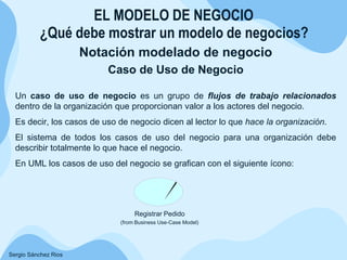 ¿Qué debe mostrar un modelo de negocios?
Notación modelado de negocio
Caso de Uso de Negocio
EL MODELO DE NEGOCIO
Sergio Sánchez Rios
Un caso de uso de negocio es un grupo de flujos de trabajo relacionados
dentro de la organización que proporcionan valor a los actores del negocio.
Es decir, los casos de uso de negocio dicen al lector lo que hace la organización.
El sistema de todos los casos de uso del negocio para una organización debe
describir totalmente lo que hace el negocio.
En UML los casos de uso del negocio se grafican con el siguiente ícono:
Registrar Pedido
(from Business Use-Case Model)
 