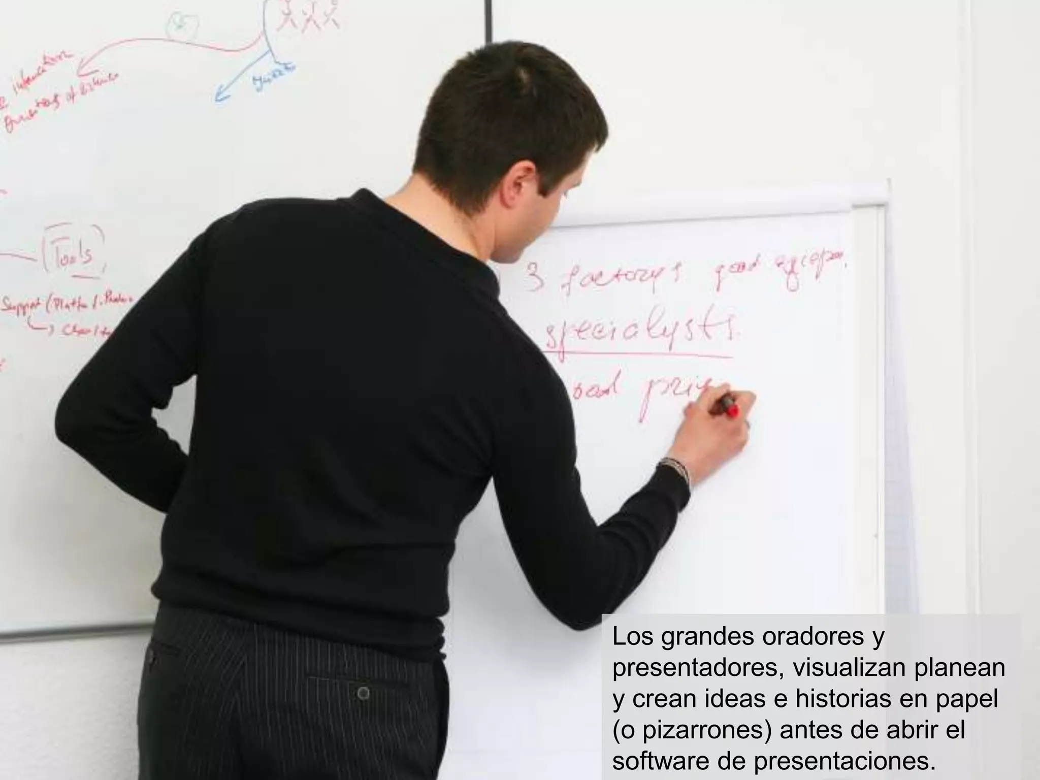 Los grandes oradores y
presentadores, visualizan planean
y crean ideas e historias en papel
(o pizarrones) antes de abrir el
software de presentaciones.
 