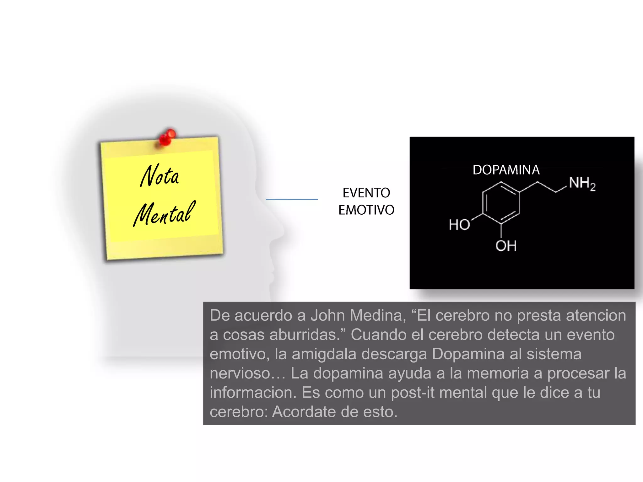 De acuerdo a John Medina, “El cerebro no presta atencion
a cosas aburridas.” Cuando el cerebro detecta un evento
emotivo, la amigdala descarga Dopamina al sistema
nervioso… La dopamina ayuda a la memoria a procesar la
informacion. Es como un post-it mental que le dice a tu
cerebro: Acordate de esto.
 