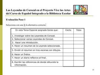 15
Las Leyendas de Corozal en el Proyecto Vive las Artes
del Curso de Español Integrado a la Biblioteca Escolar
Evaluación Paso 1
Selecciona con una X la alternativa correcta:
En esta Tarea Especial asignada tienes que: Cierto Falso
1. Investigar sobre las Leyendas de Corozal.
2. Seleccionar varias Leyendas de Corozal.
3. Hacer una introducción.
4. Hacer un resumen de la Leyenda seleccionada.
5. Dividir el resumen en tres escenas con dibujos.
6. Hacer un Índice.
7. Hacer un diario reflexivo al final.
8. Escribir las referencias de donde obtuviste la
información.
 