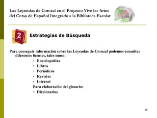 18
Estrategias de Búsqueda
Para conseguir información sobre las Leyendas de Corozal podemos consultar
diferentes fuentes, tales como:
• Enciclopedias
• Libros
• Periódicos
• Revistas
• Internet
Para elaboración del glosario:
• Diccionarios
Las Leyendas de Corozal en el Proyecto Vive las Artes
del Curso de Español Integrado a la Biblioteca Escolar
2
 