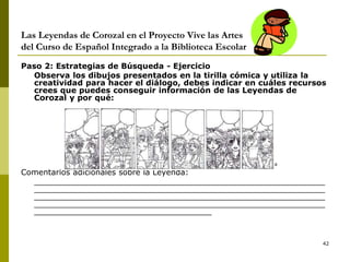 42
Las Leyendas de Corozal en el Proyecto Vive las Artes
del Curso de Español Integrado a la Biblioteca Escolar
Paso 2: Estrategias de Búsqueda - Ejercicio
Observa los dibujos presentados en la tirilla cómica y utiliza la
creatividad para hacer el diálogo, debes indicar en cuáles recursos
crees que puedes conseguir información de las Leyendas de
Corozal y por qué:
Por: Jaylene Miranda
Comentarios adicionales sobre la Leyenda:
___________________________________________________________
___________________________________________________________
___________________________________________________________
___________________________________________________________
____________________________________
 