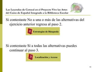 44
Las Leyendas de Corozal en el Proyecto Vive las Artes
del Curso de Español Integrado a la Biblioteca Escolar
Si contestaste No a una o más de las alternativas del
ejercicio anterior regresa al paso 2.
Si contestaste Sí a todas las alternativas puedes
continuar al paso 3.
2 Estrategias de Búsqueda
3 Localización y Acceso
 