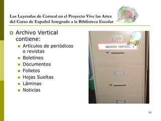50
Las Leyendas de Corozal en el Proyecto Vive las Artes
del Curso de Español Integrado a la Biblioteca Escolar
 Archivo Vertical
contiene:
 Artículos de periódicos
o revistas
 Boletines
 Documentos
 Folletos
 Hojas Sueltas
 Láminas
 Noticias
 