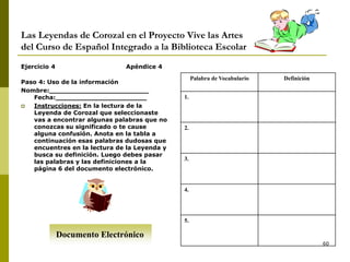 60
Las Leyendas de Corozal en el Proyecto Vive las Artes
del Curso de Español Integrado a la Biblioteca Escolar
Ejercicio 4 Apéndice 4
Paso 4: Uso de la información
Nombre:________________________
Fecha:______________________
 Instrucciones: En la lectura de la
Leyenda de Corozal que seleccionaste
vas a encontrar algunas palabras que no
conozcas su significado o te cause
alguna confusión. Anota en la tabla a
continuación esas palabras dudosas que
encuentres en la lectura de la Leyenda y
busca su definición. Luego debes pasar
las palabras y las definiciones a la
página 6 del documento electrónico.
Palabra de Vocabulario Definición
1.
2.
3.
4.
5.
Documento Electrónico
 