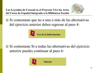 75
Las Leyendas de Corozal en el Proyecto Vive las Artes
del Curso de Español Integrado a la Biblioteca Escolar
 Si contestaste que no a una o más de las alternativas
del ejercicio anterior debes regresar al paso 4:
 Si contestaste Sí a todas las alternativas del ejercicio
anterior puedes continuar al paso 6:
4
Uso de la Información
Síntesis
5
 