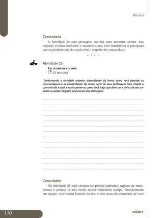 Módulo I
Comentário
A Atividade 24 não pressupõe que há uma resposta correta. Sua
resposta variará conforme a maneira como você interpretou a percepção
que os profissionais da escola têm a respeito da comunidade.
j j j j
Atividade 25
Eu, o outro e o nós
15 minutos
Continuando a atividade anterior: dependendo da forma como você percebe as
re­presentações e as manifestações da maior parte de seus professores com relação à
co­munidade à qual a escola pertence, como você julga que deve ser a tônica de seu tra­
balho na escola? Registre pelo menos três afirmações:
.................................................................................................................
.................................................................................................................
.................................................................................................................
................................................................................................................
................................................................................................................
................................................................................................................
................................................................................................................
.................................................................................................................
..................................................................................................................
..................................................................................................................
..................................................................................................................
.................................................................................................................
.................................................................................................................
..................................................................................................................
Comentário
Na Atividade 25 você certamente propôs caminhos capazes de trans­
formar o pessoal de sua escola numa verdadeira equipe. Trans­formada
em equipe, você estará falando do nós, e não mais distintamente de você
110 unidade5
 