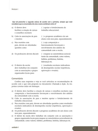 Módulo I
Que tal preencher a segunda coluna de acordo com a primeira, sempre que você
considerar que os enunciados de uma e outra combinam entre si?
a)	O diretor deve 			 ( ) apoiar o fortalecimento do
	 facilitar a criação de caixas 	 trabalho educacional.	
	 e conselhos escolares 	
b)	 Cabe às associações de pais 	 ( ) o progresso acadêmico de um
	 e mestres				 aluno com seus pais, separadamente.
c)	Nas reuniões com 		 ( ) cuja composição e
	 pais, devem ser abordadas 	 funcionamento favoreçam o 	
	 questões como			 envolvimento dos adul­tos da
						 comunidade com a escola.
d)	Os professores devem discutir 	 ( ) mapear as características sociocul­-
						 turais da comunidade, como valores,
						 hábitos, problemas, história,
						 lide­ranças etc.
e)	O diretor da escola 		 ( ) resultados escolares indicadores
	 deve trabalhar em conjunto 	 de desempenho escolar (repetência,
	 com as associações e grupos 	 apro­vação e evasão).
	 organizados locais para
Comentário
Confira suas respostas e veja se você articulou as recomendações de
acordo com o que está proposto no documento Chamada à Ação. As res­
postas corretas estão em destaque.
a) 	O diretor deve facilitar a criação de caixas e conselhos escolares cuja
composição e funcionamento favoreçam o envolvimento dos adul­tos
da comunidade com a escola.
b) 	 Cabe às associações de pais e mestres apoiar o fortalecimento do
trabalho educacional.
c) 	Nas reuniões com pais, devem ser abordadas questões como resultados
escolares indicadores de desempenho escolar (repe­tên­cia, aprovação e
evasão).
d) 	Os professores devem discutir o progresso acadêmico de um aluno com
seus pais, separadamente.
e) 	 O diretor da escola deve trabalhar em conjunto com as associações e
grupos organizados locais para mapear as características socio­cul­turais da
comunidade, como valores, hábitos, problemas, his­tó­ria, lideranças etc.
93unidade4
 