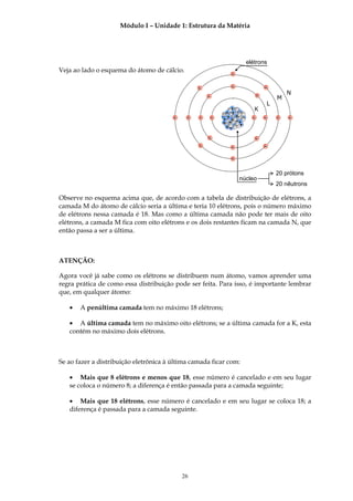 Módulo I – Unidade 1: Estrutura da Matéria




                                                                      elétrons
Veja ao lado o esquema do átomo de cálcio.
                                                               -

                                                 -             -                -
                                                                            -
                                                                                        N
                                                     -                              M
                                                                                L
                                                               +         K
                                                              + +++
                                        -    -   -       -   ++ + +
                                                             + ++       -       -   -   -
                                                             + + +
                                                                  +
                                                              +++

                                                     -                      -
                                                 -             -                -

                                                               -


                                                                                    20 prótons
                                                                   núcleo
                                                                                    20 nêutrons

Observe no esquema acima que, de acordo com a tabela de distribuição de elétrons, a
camada M do átomo de cálcio seria a última e teria 10 elétrons, pois o número máximo
de elétrons nessa camada é 18. Mas como a última camada não pode ter mais de oito
elétrons, a camada M fica com oito elétrons e os dois restantes ficam na camada N, que
então passa a ser a última.



ATENÇÃO:

Agora você já sabe como os elétrons se distribuem num átomo, vamos aprender uma
regra prática de como essa distribuição pode ser feita. Para isso, é importante lembrar
que, em qualquer átomo:

   •   A penúltima camada tem no máximo 18 elétrons;

   • A última camada tem no máximo oito elétrons; se a última camada for a K, esta
   contém no máximo dois elétrons.



Se ao fazer a distribuição eletrônica à última camada ficar com:

   • Mais que 8 elétrons e menos que 18, esse número é cancelado e em seu lugar
   se coloca o número 8; a diferença é então passada para a camada seguinte;

   • Mais que 18 elétrons, esse número é cancelado e em seu lugar se coloca 18; a
   diferença é passada para a camada seguinte.




                                            26
 