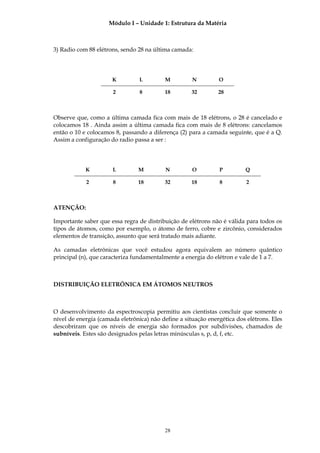 Módulo I – Unidade 1: Estrutura da Matéria



3) Radio com 88 elétrons, sendo 28 na última camada:




                      K          L        M          N         O

                      2          8        18         32        28



Observe que, como a última camada fica com mais de 18 elétrons, o 28 é cancelado e
colocamos 18 . Ainda assim a última camada fica com mais de 8 elétrons: cancelamos
então o 10 e colocamos 8, passando a diferença (2) para a camada seguinte, que é a Q.
Assim a configuração do radio passa a ser :




            K         L         M          N         O         P         Q

            2         8         18        32         18        8          2



ATENÇÃO:

Importante saber que essa regra de distribuição de elétrons não é válida para todos os
tipos de átomos, como por exemplo, o átomo de ferro, cobre e zircônio, considerados
elementos de transição, assunto que será tratado mais adiante.

As camadas eletrônicas que você estudou agora equivalem ao número quântico
principal (n), que caracteriza fundamentalmente a energia do elétron e vale de 1 a 7.



DISTRIBUIÇÃO ELETRÔNICA EM ÁTOMOS NEUTROS



O desenvolvimento da espectroscopia permitiu aos cientistas concluir que somente o
nível de energia (camada eletrônica) não define a situação energética dos elétrons. Eles
descobriram que os níveis de energia são formados por subdivisões, chamados de
subníveis. Estes são designados pelas letras minúsculas s, p, d, f, etc.




                                          28
 