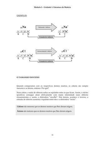 Módulo I – Unidade 1: Estrutura da Matéria



EXEMPLOS:




                                                                 +
     11Na                  Retirando 1 elétron            11Na
1s2 2s2 2p6 3s1                                       1s2 2s22p6
 K     L    M                                         K     L
                            Camada de valência




                                                                 −
     17Cℓ                Acrescentando 1 elétron          17Cℓ
1s2 2s2 2p6 3s2 3p5                                   1s2 2s2 2p6 3s23p6
 K     L      M                                       K     L        M
                            Camada de valência




O TAMANHO DOS ÍONS



Quando comparamos com os respectivos átomos neutros, os cátions são sempre
menores e os ânions, maiores. Por quê?

Num cátion, a saída de elétrons reduz as repulsões entre os que ficam. Assim, o núcleo
(positivo) consegue atrair efetivamente com maior intensidade esses elétrons
remanescentes e, assim, a eletrosfera “encolhe”. Nos ânions, acontece o inverso; a
entrada de elétrons aumenta a repulsão entre eles e a eletrosfera “incha”.


Cátions são menores que os átomos neutros que lhes deram origem.

Ânions são maiores que os átomos neutros que lhes deram origem.




                                                 34
 