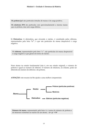 Módulo I – Unidade 1: Estrutura da Matéria




Os prótons (p+) são partículas dotadas de massa e de carga positiva.

Os nêutrons (N0) são partículas com aproximadamente a mesma massa
que os prótons, mas sem carga elétrica.




b) Eletrosfera: A eletrosfera, que circunda o núcleo, é constituída pelos elétrons,
representados pela letra “e−”, e que são partículas de massa desprezível e carga
negativa.



 Os elétrons, representados pela letra “e−”, são partículas de massa desprezível
 e carga negativa e que giram em torno do núcleo.




Num átomo no estado fundamental (isto é, em seu estado original), o número de
prótons é igual ao numero de elétrons. O número de nêutrons, no entanto, pode ser
diferente do número de elétrons e de prótons.



ATENÇÃO: este resumo irá lhe ajudar a uma melhor compreensão.




                                                       Prótons (partículas positivas)
                            Núcleo
                                                       Nêutrons
  Átomo

                           Eletrosfera         Elétrons (partículas negativas)




 Número de massa, representado pela letra A, é soma do número de prótons e
 de nêutrons existentes no núcleo de um átomo. A = p+ + N0




                                          19
 