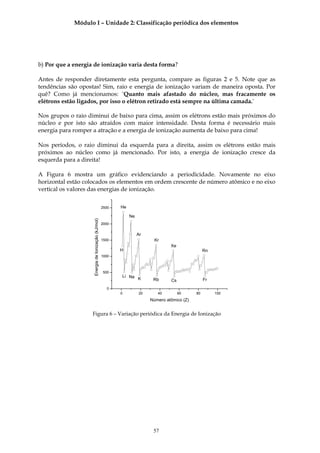 Módulo I – Unidade 2: Classificação periódica dos elementos




b) Por que a energia de ionização varia desta forma?

Antes de responder diretamente esta pergunta, compare as figuras 2 e 5. Note que as
tendências são opostas! Sim, raio e energia de ionização variam de maneira oposta. Por
quê? Como já mencionamos: ´Quanto mais afastado do núcleo, mas fracamente os
elétrons estão ligados, por isso o elétron retirado está sempre na última camada.`

Nos grupos o raio diminui de baixo para cima, assim os elétrons estão mais próximos do
núcleo e por isto são atraídos com maior intensidade. Desta forma é necessário mais
energia para romper a atração e a energia de ionização aumenta de baixo para cima!

Nos períodos, o raio diminui da esquerda para a direita, assim os elétrons estão mais
próximos ao núcleo como já mencionado. Por isto, a energia de ionização cresce da
esquerda para a direita!

A Figura 6 mostra um gráfico evidenciando a periodicidade. Novamente no eixo
horizontal estão colocados os elementos em ordem crescente de número atômico e no eixo
vertical os valores das energias de ionização.

                                                     2500   He

                                                                 Ne
                     Energia de Ionização (kJ/mol)




                                                     2000


                                                                      Ar
                                                     1500                    Kr
                                                                                    Xe
                                                            H                                        Rn
                                                     1000



                                                     500
                                                            Li Na
                                                                  K         Rb      Cs               Fr

                                                       0
                                                            0         20      40         60     80        100
                                                                           Número atômico (Z)


                    Figura 6 – Variação periódica da Energia de Ionização




                                                                            57
 