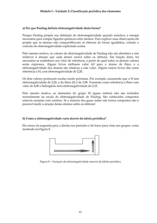 Módulo I – Unidade 2: Classificação periódica dos elementos




a) Por que Pauling definiu eletronegatividade desta forma?

Porque Pauling propôs sua definição de eletronegatividade quando estudava a energia
necessária para romper ligações químicas entre átomos. Para explicar suas observações ele
propôs que os átomos não compartilhavam os elétrons de forma igualitária, criando o
conceito de eletronegatividade explicitado acima.

Pelo mesmo motivo, os valores de eletronegatividade de Pauling não são absolutos e sim
relativos à atração que cada átomo exerce sobre os elétrons. Em função disto, foi
necessário se estabelecer um valor de referência, a partir do qual todos os demais valores
serão expressos. Alguns livros atribuem valor 4,0 para o átomo de flúor, e a
eletronegatividade dos demais são relativas a este valor. Alguns outros livros dão como
referência o H, com eletronegatividade de 2,20.

Os dois valores produzem escalas muito próximas. Por exemplo, assumindo que o H tem
eletronegatividade de 2,20, a do flúor (F) é de 3,98. Tomando como referência o flúor com
valor de 4,00 o hidrogênio teria eletronegatividade de 2,10.

Pelo mesmo motivo, os elementos do grupo 18 (gases nobres) não são incluídos
normalmente na escala de eletronegatividade de Pauling. São conhecidos compostos
estáveis somente com xenônio. Se a maioria dos gases nobre não forma compostos não é
possível medir a atração destes átomos sobre os elétrons!



b) Como a eletronegatividade varia através da tabela periódica?

Ela cresce da esquerda para a direita nos períodos e de baixo para cima nos grupos, como
mostrado na Figura 8.




             Figura 8 – Variação da eletronegatividade através da tabela periódica.




                                              62
 
