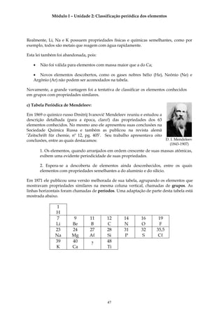 Módulo I – Unidade 2: Classificação periódica dos elementos




Realmente, Li, Na e K possuem propriedades físicas e químicas semelhantes, como por
exemplo, todos são metais que reagem com água rapidamente.

Esta lei também foi abandonada, pois:

   •   Não foi válida para elementos com massa maior que a do Ca;

   • Novos elementos descobertos, como os gases nobres hélio (He), Neônio (Ne) e
   Argônio (Ar) não podem ser acomodados na tabela.

Novamente, a grande vantagem foi a tentativa de classificar os elementos conhecidos
em grupos com propriedades similares.

c) Tabela Periódica de Mendeleev:

Em 1869 o químico russo Dmitrij Ivanovič Mendeleev reuniu e estudou a
descrição detalhada (para a época, claro!) das propriedades dos 63
elementos conhecidos. No mesmo ano ele apresentou suas conclusões na
Sociedade Química Russa e também as publicou na revista alemã
‘Zeitschrift für chemie, nº 12, pg. 405’. Seu trabalho apresentava oito
conclusões, entre as quais destacamos:                                  D. I. Mendeleev
                                                                           (1843-1907)
       1. Os elementos, quando arranjados em ordem crescente de suas massas atômicas,
       exibem uma evidente periodicidade de suas propriedades.

       2. Espera-se a descoberta de elementos ainda desconhecidos, entre os quais
       elementos com propriedades semelhantes a do alumínio e do silício.

Em 1871 ele publicou uma versão melhorada de sua tabela, agrupando os elementos que
mostravam propriedades similares na mesma coluna vertical, chamadas de grupos. As
linhas horizontais foram chamadas de períodos. Uma adaptação de parte desta tabela está
mostrada abaixo.

               1
               H
               7        9        11       12       14       16       19
               Li      Be        B        C        N        O        F
               23      24        27       28       31       32      35,5
               Na      Mg        Aℓ       Si       P        S        Cℓ
               39      40                 48
                                  ?
               K       Ca                 Ti




                                          47
 