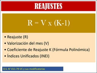 REAJUSTES
R = V x (K-1)
• Reajuste (R)
• Valorización del mes (V)
• Coeficiente de Reajuste K (Fórmula Polinómica)
• Índices Unificados (INEI)
D.S. N° 011-79-VC y sus modificatorias
 