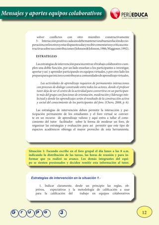 12Grupo 3
solver conflictos con otro miembro constructivamente
5-	 Interacciónpositiva:cadaunodebemantenerunabuenarelacióndecoo-
peraciónconlosotrosyestardispuestoadaryrecibircomentariosycríticascons-
tructivassobresuscontribuciones(Johnson&Johnson,1986;Waggoner,1992).
ESTRATEGIAS
Lasestrategiasdeintervenciónparaincentivareltrabajocolaborativo cum-
plen una doble función, por un lado enseñan a los participantes a investigar,
aportar y así y aprender participando en equipos virtuales, y por otro lado los
preparaparaqueinicienocontribuyana comunidadesdeaprendizajevirtuales.
Las actividades de aprendizaje requieren de permanentes interacciones
con procesos de diálogo construido entre todos los actores, donde el profesor
tutor deja de ser el centro de la actividad para convertirse en un participan-
te más del grupo con funciones de orientación, moderación y liderazgo inte-
lectual y donde los aprendizajes serán el resultado de la construcción activa
y social del conocimiento de los participantes del foro. (Chero, 2008, p. 6).
Las estrategias de intervención deben permitir la interacción y par-
ticipación permanente de los estudiantes y el foro virtual se convier-
te en un recurso de aprendizaje valioso y aquí entra a tallar el cono-
cimiento del tutor facilitador sobre la forma de moderar un foro, de
organizar las estrategias y evaluación para así permitir que este tipo de
espacios académicos obtenga el mayor provecho de esta herramienta.
Situación 1: Facundo escribe en el foro grupal el día lunes a las 8 a.m.
indicando la distribución de las tareas, las horas de reunión y para in-
formar que ya realizó su avance. Los demás integrantes del equi-
po se sienten presionados y deciden remitir esta información al tutor.
Estrategías de intervención en la situación 1.-
1. Indicar claramente, desde un principio las reglas, ob-
jetivos, expectativas y la metodología de calificación a usar
para la calificación del trabajo en equipos colaborativos
Mensajes y aportes equipos colaborativos
 