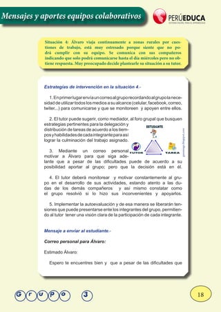 18Grupo 3
Mensajes y aportes equipos colaborativos
Situación 4: Álvaro viaja continuamente a zonas rurales por cues-
tiones de trabajo, está muy estresado porque siente que no po-
drá cumplir con su equipo. Se comunica con sus compañeros
indicando que solo podrá comunicarse hasta el día miércoles pero no ob-
tiene respuesta. Muy preocupado decide plantearle su situación a su tutor.
Estrategías de intervención en la situación 4.-
1.Enprimerlugarenvíauncorreoalgruporecordandoalgrupolanece-
sidaddeutilizartodoslosmediosasualcance(celular,facebook,correo,
twiter,..) para comunicarse y que se monitoreen y apoyen entre ellos.
2. El tutor puede sugerir, como mediador, al foro grupal que busquen
estrategias pertinentes para la delegación y
distribución de tareas de acuerdo a los tiem-
posyhabilidadesdecadaintegranteparaasí
lograr la culminación del trabajo asignado.
3. Mediante un correo personal
motivar a Álvaro para que siga ade-
lante que a pesar de las dificultades puede de acuerdo a su
posibilidad aportar al grupo; pero que la decisión está en él.
4. El tutor deberá monitorear y motivar constantemente al gru-
po en el desarrollo de sus actividades, estando atento a las du-
das de los demás compañeros y así mismo constatar como
el grupo resolvió si lo hizo sus inconvenientes y apoyarlos.
5. Implementar la autoevaluación y de esa manera se liberarán ten-
siones que puede presentarse ente los integrantes del grupo, permitien-
do al tutor tener una visión clara de la participación de cada integrante.
Mensaje a enviar al estudiante.-
Correo personal para Álvaro:
Estimado Álvaro:
Espero te encuentres bien y que a pesar de las dificultades que
ganamaga.blogspot.com
 
