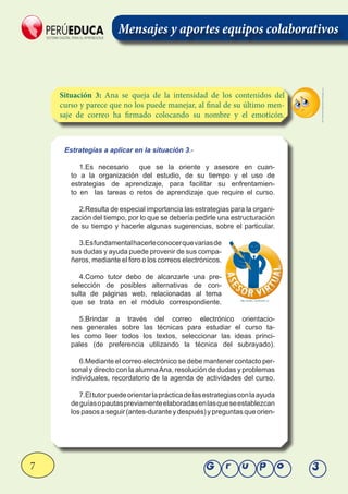 7 Grupo 3
Situación 3: Ana se queja de la intensidad de los contenidos del
curso y parece que no los puede manejar, al final de su último men-
saje de correo ha firmado colocando su nombre y el emoticón.
Estrategías a aplicar en la situación 3.-
1.Es necesario que se la oriente y asesore en cuan-
to a la organización del estudio, de su tiempo y el uso de
estrategias de aprendizaje, para facilitar su enfrentamien-
to en las tareas o retos de aprendizaje que require el curso.
2.Resulta de especial importancia las estrategias para la organi-
zación del tiempo, por lo que se debería pedirle una estructuración
de su tiempo y hacerle algunas sugerencias, sobre el particular.
3.Esfundamentalhacerleconocerquevariasde
sus dudas y ayuda puede provenir de sus compa-
ñeros, mediante el foro o los correos electrónicos.
4.Como tutor debo de alcanzarle una pre-
selección de posibles alternativas de con-
sulta de páginas web, relacionadas al tema
que se trata en el módulo correspondiente.
5.Brindar a través del correo electrónico orientacio-
nes generales sobre las técnicas para estudiar el curso ta-
les como leer todos los textos, seleccionar las ideas princi-
pales (de preferencia utilizando la técnica del subrayado).
6.Mediante el correo electrónico se debe mantener contacto per-
sonal y directo con la alumnaAna, resolución de dudas y problemas
individuales, recordatorio de la agenda de actividades del curso.
7.Eltutorpuedeorientarlaprácticadelasestrategiasconlaayuda
deguíasopautaspreviamenteelaboradasenlasqueseestablezcan
los pasos a seguir (antes-durante y después) y preguntas que orien-
http://espacioparabellezaybienestar.blogspot.com
Mensajes y aportes equipos colaborativos
 