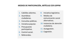 1. Cabildos abiertos.
2. Asambleas
ciudadanas.
3. Consultas públicas.
4. Iniciativa popular.
5. Presupuesto
participativo.
6. Control social.
7. Referendos.
8. Iniciativa legislativa.
9. Medios de
comunicación social
alternativos.
10. Instancias de atención
ciudadana.
11. Autogestión.
12. Cogestión.
MEDIOS DE PARTICIPACIÓN, ARTÍCULO 259 LOPPM
 