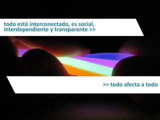 todo está interconectado, es social,
interdependiente y transparente >>




                                               >> todo afecta a todo



  Técnico Marketing Digital y Redes Sociales
  ©inesdi 2011 ©Pepe Tomé - @pepetome
 