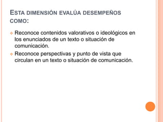 ESTA DIMENSIÓN EVALÚA DESEMPEÑOS
COMO:
 Reconoce contenidos valorativos o ideológicos en
los enunciados de un texto o situación de
comunicación.
 Reconoce perspectivas y punto de vista que
circulan en un texto o situación de comunicación.
 