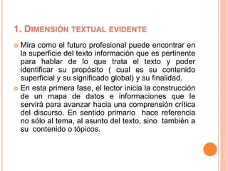 1. DIMENSIÓN TEXTUAL EVIDENTE
 Mira como el futuro profesional puede encontrar en
la superficie del texto información que es pertinente
para hablar de lo que trata el texto y poder
identificar su propósito ( cual es su contenido
superficial y su significado global) y su finalidad.
 En esta primera fase, el lector inicia la construcción
de un mapa de datos e informaciones que le
servirá para avanzar hacia una comprensión crítica
del discurso. En sentido primario hace referencia
no sólo al tema, al asunto del texto, sino también a
su contenido o tópicos.
 