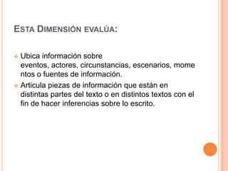 ESTA DIMENSIÓN EVALÚA:
 Ubica información sobre
eventos, actores, circunstancias, escenarios, mome
ntos o fuentes de información.
 Articula piezas de información que están en
distintas partes del texto o en distintos textos con el
fin de hacer inferencias sobre lo escrito.
 