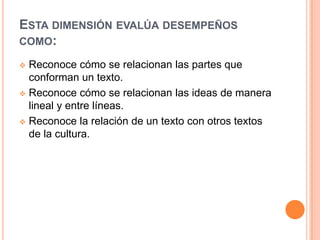 ESTA DIMENSIÓN EVALÚA DESEMPEÑOS
COMO:
 Reconoce cómo se relacionan las partes que
conforman un texto.
 Reconoce cómo se relacionan las ideas de manera
lineal y entre líneas.
 Reconoce la relación de un texto con otros textos
de la cultura.
 