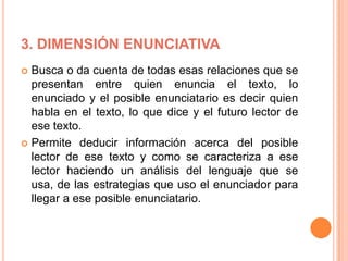 3. DIMENSIÓN ENUNCIATIVA
 Busca o da cuenta de todas esas relaciones que se
presentan entre quien enuncia el texto, lo
enunciado y el posible enunciatario es decir quien
habla en el texto, lo que dice y el futuro lector de
ese texto.
 Permite deducir información acerca del posible
lector de ese texto y como se caracteriza a ese
lector haciendo un análisis del lenguaje que se
usa, de las estrategias que uso el enunciador para
llegar a ese posible enunciatario.
 