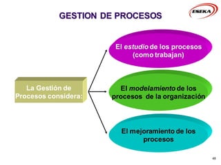 48
GESTION DE PROCESOS
La Gestión de
Procesos considera:
El modelamiento de los
procesos de la organización
El mejoramiento de los
procesos
El estudio de los procesos
(como trabajan)
 