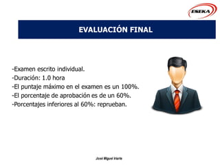 EVALUACIÓN FINAL
-Examen escrito individual.
-Duración: 1.0 hora
-El puntaje máximo en el examen es un 100%.
-El porcentaje de aprobación es de un 60%.
-Porcentajes inferiores al 60%: reprueban.
José Miguel Iriarte
 