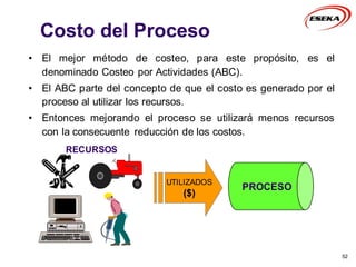Costo del Proceso
• El mejor método de costeo, para este propósito, es el
denominado Costeo por Actividades (ABC).
• El ABC parte del concepto de que el costo es generado por el
proceso al utilizar los recursos.
• Entonces mejorando el proceso se utilizará menos recursos
con la consecuente reducción de los costos.
52
RECURSOS
UTILIZADOS
($)
PROCESO
 