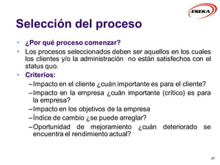 67
• ¿Por qué proceso comenzar?
• Los procesos seleccionados deben ser aquellos en los cuales
los clientes y/o la administración no están satisfechos con el
status quo.
• Criterios:
–Impacto en el cliente ¿cuán importante es para el cliente?
–Impacto en la empresa ¿cuán importante (crítico) es para
la empresa?
–Impacto en los objetivos de la empresa
–Índice de cambio ¿se puede arreglar?
–Oportunidad de mejoramiento ¿cuán deteriorado se
encuentra el rendimiento actual?
Selección del proceso
 