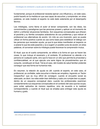 Estrategias de orientación y ayuda para la resolución de conflictos en los ejes familia y escuela
_____________________________________________________________________________
ANA AMALIA SANTOS CAICEDO 17
fundamental, porque el profesional necesita ejercer una influencia y, en este caso,
podrá hacerlo en la medida en que sea capaz de escuchar y comprender; en otras
palabras, en este modelo el experto no está dado solamente por el desempeño
técnico.
Las mitologías, como llama el autor al tercer componente, son las ideas, los
conocimientos y paradigmas que las personas poseen y aplican en el momento de
definir y enfrentar situaciones familiares. Son esquemas conceptuales que ofrecen
al paciente y su familia conceptos aclaratorios de sus problemas y que indican al
profesional sus alternativas de acción. Un mito es una invención, pero se puede
utilizar en forma positiva cuando se usa como base para establecer el diálogo con
las personas que necesitan ayuda, ya que lo que éstas manifiesten al respecto va
a aclarar lo que les está pasando y va a sugerir un posible curso de acción; en otras
palabras, el conversar sobre la mitología puede favorecer la comprensión mutua.
El ritual, que es el cuarto componente, se refiere a la forma en que se hacen las
cosas, lo que incluye el escenario y el contexto. El profesional no atiende a la
persona en cualquier parte, sino que lo hace en un sitio que permita la privacidad y
confidencialidad, en el que ejecuta una serie lógica de procedimientos que en
conjunto, constituyen el ritual. Tal es el caso, del modelo de salud familiar pretende
conseguir que esa forma se humanice más.
En resumen, la relación de ayuda es útil: cuando el experto, en este caso, el
profesional, es confiable, sabe escuchar e intenta ser empático, logrando un “factor
inespecífico” que es muy difícil de conseguir; cuando el encuadre social es
adecuado, es decir, los roles están bien definidos y cada uno cumple bien su papel,
dentro de un esquema conceptual claro; cuando los profesionales examinan
constantemente sus esquemas conceptuales en el contexto del caso que los ocupa,
para evitar aplicarlos de manera repetitiva, sino de acuerdo a la realidad
correspondiente; y cuando el ritual que se emplea para entregar esta ayuda es
humano y grato.
 
