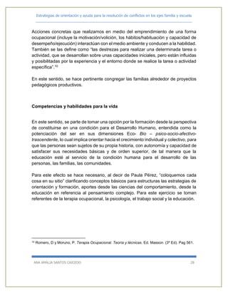 Estrategias de orientación y ayuda para la resolución de conflictos en los ejes familia y escuela
_____________________________________________________________________________
ANA AMALIA SANTOS CAICEDO 28
Acciones concretas que realizamos en medio del emprendimiento de una forma
ocupacional (incluye la motivación/volición, los hábitos/habituación y capacidad de
desempeño/ejecución) interactúan con el medio ambiente y conducen a la habilidad.
También se las define como “las destrezas para realizar una determinada tarea o
actividad, que se desarrollan sobre unas capacidades iniciales, pero están influidas
y posibilitadas por la experiencia y el entorno donde se realice la tarea o actividad
específica”.10
En este sentido, se hace pertinente congregar las familias alrededor de proyectos
pedagógicos productivos.
Competencias y habilidades para la vida
En este sentido, se parte de tomar una opción por la formación desde la perspectiva
de constituirse en una condición para el Desarrollo Humano, entendida como la
potenciación del ser en sus dimensiones Eco- Bio – psico-socio-afectivo-
trascendente, lo cual implica orientar hacia el crecimiento individual y colectivo, para
que las personas sean sujetos de su propia historia, con autonomía y capacidad de
satisfacer sus necesidades básicas y de orden superior, de tal manera que la
educación esté al servicio de la condición humana para el desarrollo de las
personas, las familias, las comunidades.
Para este efecto se hace necesario, al decir de Paula Pérez, “coloquemos cada
cosa en su sitio” clarificando conceptos básicos para estructuras las estrategias de
orientación y formación, aportes desde las ciencias del comportamiento, desde la
educación en referencia al pensamiento complejo. Para este ejercicio se toman
referentes de la terapia ocupacional, la psicología, el trabajo social y la educación.
10 Romero, D y Moruno, P. Terapia Ocupacional. Teoría y técnicas. Ed. Masson. (3º Ed). Pag 561.
 