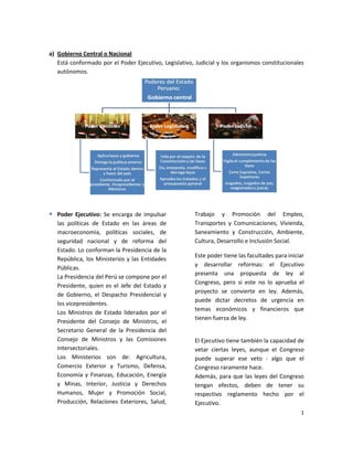a) Gobierno Central o Nacional
   Está conformado por el Poder Ejecutivo, Legislativo, Judicial y los organismos constitucionales
   autónomos.




 Poder Ejecutivo: Se encarga de impulsar               Trabajo y Promoción del Empleo,
   las políticas de Estado en las áreas de              Transportes y Comunicaciones, Vivienda,
   macroeconomía, políticas sociales, de                Saneamiento y Construcción, Ambiente,
   seguridad nacional y de reforma del                  Cultura, Desarrollo e Inclusión Social.
   Estado. Lo conforman la Presidencia de la
                                                        Este poder tiene las facultades para iniciar
   República, los Ministerios y las Entidades
                                                        y desarrollar reformas: el Ejecutivo
   Públicas.
                                                        presenta una propuesta de ley al
   La Presidencia del Perú se compone por el
                                                        Congreso, pero si este no lo aprueba el
   Presidente, quien es el Jefe del Estado y
                                                        proyecto se convierte en ley. Además,
   de Gobierno, el Despacho Presidencial y
                                                        puede dictar decretos de urgencia en
   los vicepresidentes.
                                                        temas económicos y financieros que
   Los Ministros de Estado liderados por el
                                                        tienen fuerza de ley.
   Presidente del Consejo de Ministros, el
   Secretario General de la Presidencia del
   Consejo de Ministros y las Comisiones                El Ejecutivo tiene también la capacidad de
   Intersectoriales.                                    vetar ciertas leyes, aunque el Congreso
   Los Ministerios son de: Agricultura,                 puede superar ese veto - algo que el
   Comercio Exterior y Turismo, Defensa,                Congreso raramente hace.
   Economía y Finanzas, Educación, Energía              Además, para que las leyes del Congreso
   y Minas, Interior, Justicia y Derechos               tengan efectos, deben de tener su
   Humanos, Mujer y Promoción Social,                   respectivo reglamento hecho por el
   Producción, Relaciones Exteriores, Salud,            Ejecutivo.
                                                                                                  1
 