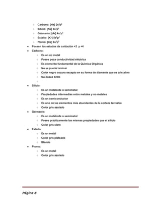 ○ Carbono: [He] 2s​2​
p​2
○ Silicio: [Ne] 3s​2​
p​2
○ Germanio: [Ar] 4s​2​
p​2
○ Estaño: [Kr] 5s​2​
p​2
○ Plomo: [Xe] 6s​2​
p​2
● Poseen los estados de oxidación +2 y +4
● Carbono:
○ Es un no metal
○ Posee poca conductividad eléctrica
○ Es elemento fundamental de la Química Orgánica
○ No se puede laminar
○ Color negro oscuro excepto en su forma de diamante que es cristalino
○ No posee brillo
○
● Silicio:
○ Es un metaloide o semimetal
○ Propiedades intermedias entre metales y no metales
○ Es un semiconductor
○ Es uno de los elementos más abundantes de la corteza terrestre
○ Color gris azulado
● Germanio:
○ Es un metaloide o semimetal
○ Posee prácticamente las mismas propiedades que el silicio
○ Color gris claro
● Estaño:
○ Es un metal
○ Color gris plateado
○ Blando
● Plomo:
○ Es un metal
○ Color gris azulado
Página 8
 