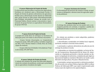 100
ProgramaNacionaldeAlimentaçãoEscolar
Em relação aos produtos a serem adquiridos, podemos
afirmar que devem ser:
a) diversificados e produzidos em âmbito local, regional,
territorial, estadual e nacional (nesta ordem);
b) priorizados os gêneros alimentícios da safra do ano de
entrega do produto à escola;
c) submetidos ao controle de qualidade, na forma do Ter-
mo de Compromisso (Resoluçãonº38 de Anexo VI), obser-
vando-se a legislação pertinente e deverão atender ao dis-
posto na legislação de alimentos, estabelecida pela Agência
Nacional de Vigilância Sanitária/ Ministério da Saúde e pelo
Ministério da Agricultura, Pecuária e Abastecimento.
d) priorizados, sempre que possível, os alimentos produzi-
dos de acordo com as Boas Práticas Agrícolas (BPA) e as Boas
Práticas de Fabricação (BPF), que sejam inspecionados pela
Suasa e que são orgânicos e/ou agroecológicos.
6º passo: Elaboração do Projeto de Venda
É o documento que formaliza o interesse dos Agricultores
Familiares em venderem para a Alimentação Escolar. O
Projeto de Venda de gêneros alimentícios da agricultura
familiar para a alimentação escolar deverá ser elaborado
pelo: grupo formal ou pelo grupo informal(assessorado
pela Entidade Articuladora), sempre de acordo com a
Chamada Pública. Devem assinar o documento o repre-
sentante do grupo formal e os agricultores fornecedores
do grupo informal.
7º passo: Envio do Projeto de Venda
O projeto de venda deve ser entregue na Secretaria de
Educação junto com todos os documentos necessários.
• Grupos formais (Associações ou Cooperativas):
Projeto de venda, CNPJ, DAP jurídica, Certidões negativas
do INSS, FGTS, Receita Federal e Dívida Ativa da União,
cópias do estatuto;
• Grupos informais (Entidades Articuladoras): Proje-
to de venda, CPF, DAP física.
8º passo: Seleção do Projeto de Venda
A seleção dos projetos de venda será feito pelo departa-
mento de compras da prefeitura, sendo que a prioridade
são os agricultores moradores da região
9º passo: Assinatura do Contrato
É a formalização do processo de compra e venda, no qual
consta as obrigações e deveres tanto do agricultor quan-
to da prefeitura.
10º passo: Entrega do Produto
A entrega dos produtos deve ser de acordo com o cro-
nograma previsto em contrato, e respeitar o padrão de
qualidade firmado no termo de compromisso.
 