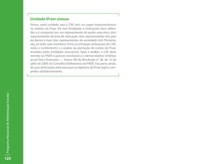 125
ProgramaNacionaldeAlimentaçãoEscolar
Unidade VI em síntese
Vimos, nesta unidade, que o CAE tem um papel importantíssimo
no âmbito do Pnae. Ele tem finalidade e atribuições bem defini-
das e é composto por um representante do poder executivo, dois
representantes da área de educação, dois representantes dos pais
de alunos e mais dois representantes da sociedade civil. Portanto,
são, ao todo, sete membros. Entre as principais atribuições do CAE,
estão o recebimento e a análise da prestação de contas do Pnae,
enviados pelas entidades executoras. Após a análise, o CAE deve
remeter ao FNDE o parecer conclusivo e o demonstrativo sintético
anual físico-financeiro — Anexo VIII da Resolução n° 38, de 16 de
julho de 2009, do Conselho Deliberativo do FNDE. Faz parte, ainda,
desuasatribuiçõeszelarparaqueosobjetivosdoPnaesejamcum-
pridos satisfatoriamente.
 