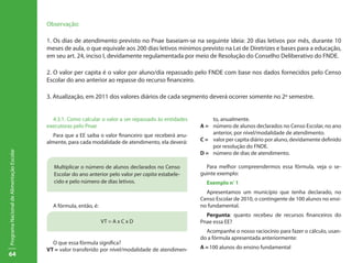 64
ProgramaNacionaldeAlimentaçãoEscolar
Observação:
1. Os dias de atendimento previsto no Pnae baseiam-se na seguinte ideia: 20 dias letivos por mês, durante 10
meses de aula, o que equivale aos 200 dias letivos mínimos previsto na Lei de Diretrizes e bases para a educação,
em seu art. 24, inciso I, devidamente regulamentada por meio de Resolução do Conselho Deliberativo do FNDE.
2. O valor per capita é o valor por aluno/dia repassado pelo FNDE com base nos dados fornecidos pelo Censo
Escolar do ano anterior ao repasse do recurso financeiro.
3. Atualização, em 2011 dos valores diários de cada segmento deverá ocorrer somente no 2º semestre.
4.3.1. Como calcular o valor a ser repassado às entidades
executoras pelo Pnae
Para que a EE saiba o valor financeiro que receberá anu-
almente, para cada modalidade de atendimento, ela deverá:
Multiplicar o número de alunos declarados no Censo
Escolar do ano anterior pelo valor per capita estabele-
cido e pelo número de dias letivos.
A fórmula, então, é:
VT = A x C x D
O que essa fórmula significa?
VT =	valor transferido por nível/modalidade de atendimen-
to, anualmente.
A =	 número de alunos declarados no Censo Escolar, no ano
anterior, por nível/modalidade de atendimento.
C =	 valor per capita diário por aluno, devidamente definido
por resolução do FNDE.
D =	 número de dias de atendimento.
Para melhor compreendermos essa fórmula, veja o se-
guinte exemplo:
Exemplo nº
1
Apresentamos um município que tenha declarado, no
Censo Escolar de 2010, o contingente de 100 alunos no ensi-
no fundamental.
Pergunta: quanto recebeu de recursos financeiros do
Pnae essa EE?
Acompanhe o nosso raciocínio para fazer o cálculo, usan-
do a fórmula apresentada anteriormente:
A =	100 alunos do ensino fundamental
 