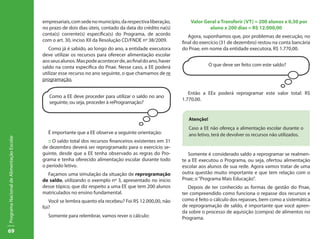 69
ProgramaNacionaldeAlimentaçãoEscolar
empresariais,comsedenomunicípio,darespectivaliberação,
no prazo de dois dias úteis, contado da data do crédito na(s)
conta(s) corrente(s) específica(s) do Programa, de acordo
com o art. 30, inciso XII da Resolução CD/FNDE nº 38/2009.
Como já é sabido, ao longo do ano, a entidade executora
deve utilizar os recursos para oferecer alimentação escolar
aosseusalunos.Maspodeacontecerde,aofinaldoano,haver
saldo na conta específica do Pnae. Nesse caso, a EE poderá
utilizar esse recurso no ano seguinte, o que chamamos de re
programação.
Como a EE deve proceder para utilizar o saldo no ano
seguinte, ou seja, proceder à reProgramação?
É importante que a EE observe a seguinte orientação:
:: O saldo total dos recursos financeiros existentes em 31
de dezembro deverá ser reprogramado para o exercício se-
guinte, desde que a EE tenha observado as regras do Pro-
grama e tenha oferecido alimentação escolar durante todo
o período letivo.
Façamos uma simulação da situação de reprogramação
de saldo, utilizando o exemplo nº 3, apresentado no início
desse tópico, que diz respeito a uma EE que tem 200 alunos
matriculados no ensino fundamental.
Você se lembra quanto ela recebeu? Foi R$ 12.000,00, não
foi?
Somente para relembrar, vamos rever o cálculo:
Valor Geral a Transferir (VT) = 200 alunos x 0,30 por
aluno x 200 dias = R$ 12.000,00
Agora, suponhamos que, por problemas de execução, no
final do exercício (31 de dezembro) restou na conta bancária
do Pnae, em nome da entidade executora, R$ 1.770,00.
O que deve ser feito com este saldo?
Então a EEx poderá reprogramar este valor total: R$
1.770,00.
Atenção!
Caso a EE não ofereça a alimentação escolar durante o
ano letivo, terá de devolver os recursos não utilizados.
Somente é considerado saldo a reprogramar se realmen-
te a EE executou o Programa, ou seja, ofertou alimentação
escolar aos alunos de sua rede. Agora vamos tratar de uma
outra questão muito importante e que tem relação com o
Pnae; o“Programa Mais Educação”.
Depois de ter conhecido as formas de gestão do Pnae,
ter compreendido como funciona o repasse dos recursos e
como é feito o cálculo dos repasses, bem como a sistemática
de reprogramação de saldo, é importante que você apren-
da sobre o processo de aquisição (compra) de alimentos no
Programa.
 
