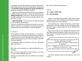 74
ProgramaNacionaldeAlimentaçãoEscolar
ções diárias aos escolares incluídos no Programa Mais Educa-
ção, o FNDE repassa, de forma complementar, diretamente
à EE, R$ 0,90 (noventa centavos) por dia de atendimento,
conforme a Resolução CD/FNDE nº 67/2009.
Ainda, para a liberação periódica dos recursos financeiros
o FNDE considera como base o número de atendimento de
200 dias letivos/ano, sendo que o cálculo do montante re-
passado anualmente é o mesmo que aquele exposto ante-
riormente, ou seja:
ValorTransferido = A (nº de alunos) X C (Valor per capita)
X D (nº de dias de atendimento).
Para que o procedimento referente ao cálculo do recurso fi-
nanceiro do Pnae a ser repassado à escola que participa do
Programa Mais Educação, observe o seguinte exemplo:
Exemplo 5
Um município do Estado de Goiás declarou no Censo Esco-
lar de 2010 que as escolas de sua rede de ensino atenderam
1.093 alunos por meio do“Mais Educação”. Quanto esse mu-
nicípio receberá de recursos do Pnae, em relação a este aten-
dimento específico?
Use a fórmula a seguir para efetuar os cálculos: VT = A x C
x D, sabendo que:
VT= valor anual transferido por nível/modalidade de aten-
dimento;
A= nº de alunos declarados no Censo Escolar, no ano ante-
rior, por nível/modalidade de ensino.
C= valor per capita diário, por aluno, definido por resolução
do FNDE;
D= número de dias de atendimento.
Cálculo:
VT = 1.093 X 0,90 X 200
VT = R$ 196.740,00
O valor a ser transferido pelo FNDE, à conta do Pnae, pela
prefeitura em 2011 é R$ 196.740,00. A transferência ocorrerá
em dez parcelas de R$ 19.674,00 cada.
Você percebeu que o cálculo de recursos a serem trans-
feridos para as EEs que atendem alunos do Programa Mais
Educação segue a mesma lógica dos outros atendimentos,
não é verdade?
Agora que já falamos com detalhes do Programa Mais
Educação, precisamos seguirem frente. Outro tema que me-
rece atenção é a questão da aquisição de alimentos no âm-
bito do Pnae.
Para obter respostas à todas essas perguntas, leia o item
a seguir:
Você sabe quais são as regras para a aquisição de produ-
tos para a alimentação escolar?
Quais são os documentos que fundamentam o processo
de aquisição?
Qual a modalidade de compra que deve ser utilizada pe-
las EEs com os recursos do Pnae?
Existe alguma relação entre Pnae e Agricultura familiar?
 