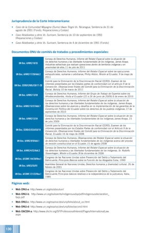 130
Jurisprudencia de la Corte Interamericana:
•	 Caso de la Comunidad Mayagna (Sumo) Awas Tingni Vs. Nicaragua, Sentencia de 31 de
agosto de 2001 (Fondo, Reparaciones y Costas)
•	 Caso Aloeboetoe y otros Vs. Surinam, Sentencia de 10 de septiembre de 1993
(Reparaciones y Costas)
•	 Caso Aloeboetoe y otros Vs. Surinam, Sentencia de 4 de diciembre de 1991 (Fondo)
Documentos ONU de comités de tratados y procedimientos especiales:
UN Doc. A/HRC/18/35
Consejo de Derechos Humanos, Informe del Relator Especial sobre la situación de
los derechos humanos y las libertades fundamentales de los indígenas, James Anaya,
Industrias extractivas que realizan operaciones dentro de territorios indígenas o en
proximidad de ellos, 11 de julio de 2011
UN Doc. A/HRC/17/28/Add.2
Consejo de Derechos Humanos, Informe del Relator Especial sobre las ejecuciones
extrajudiciales, sumarias o arbitrarias, Philip Alston, Misión al Ecuador, 9 de mayo de
2011
UN Doc. CERD/C/BOL/CO/17-20
Comité para la Eliminación de la Discriminación Racial (CERD), Examen de los
informes presentados por los Estados partes de conformidad con el artículo 9 de la
Convención. Observaciones finales del Comité para la Eliminación de la Discriminación
Racial, Bolivia, 10 de marzo de 2011
UN Doc. A/HRC/13/59
Consejo de Derechos Humanos, Informe del Grupo de Trabajo de Expertos sobre los
Afrodescendientes, Visita al Ecuador (22 a 26 de junio de 2009), 6 de enero de 2010
UN Doc. A/HRC/15/37/Add.7
Consejo de Derechos Humanos, Informe del Relator Especial sobre la situación de
los derechos humanos y las libertades fundamentales de los indígenas, James Anaya,
Observaciones sobre los avances y desafíos en la implementación de las garantías de la
Constitución Política del Ecuador sobre los derechos de los pueblos indígenas, 17 de
septiembre de 2010
UN Doc. A/HRC/12/34
Consejo de Derechos Humanos, Informe del Relator Especial sobre la situación de los
derechos humanos y las libertades fundamentales de los indígenas, James Anaya, 15
de julio 2009
UN Doc. CERD/C/ECU/CO/19
Comité para la Eliminación de la Discriminación Racial (CERD), Examen de los
informes presentados por los Estados Partes de conformidad con el Artículo 9 de la
Convención, Observaciones finales del Comité para la Eliminación de la Discriminación
Racial, Ecuador, 16 de mayo de 2008
UN Doc. A/HRC/9/9/Add.1
Consejo de Derechos Humanos, Observaciones del Relator Especial sobre la situación
de derechos humanos y libertades fundamentales de los indígenas acerca del proceso
de revisión constitucional en el Ecuador, 15 de agosto 2008
UN Doc. A/HRC/4/32/Add.2
Consejo de Derechos Humanos, Informe del Relator Especial sobre la situación de
los derechos humanos y las libertades fundamentales de los indígenas, Sr. Rodolfo
Stavenhagen, Misión a Ecuador, 28 de diciembre de 2006
UN Doc. A/CONF.144/28/Rev.1
Congreso de las Naciones Unidas sobre Prevención del Delito y Tratamiento del
Delincuente, Principios Básicos sobre la Función de los Abogados, Cuba, 1990
UN Doc. A/RES/55/91
Asamblea General de Naciones Unidas, Derechos humanos y diversidad cultural, 26 de
febrero de 2001
UN Doc. A/CONF.121/22/Rev.1
Congreso de las Naciones Unidas sobre Prevención del Delito y Tratamiento del
Delincuente, Principios básicos relativos a la independencia de la judicatura, Italia,
1985
Páginas web:
•	 Web ONU-a: http://www.un.org/es/aboutun/
•	 Web ONU-b: http://www.un.org/es/events/indigenousday/pdf/indigenousdeclaration_
faqs.pdf
•	 Web ONU-c: http://www.un.org/esa/socdev/unpfii/es/about_us.html
•	 Web ONU-d: http://www.un.org/esa/socdev/unpfii/es/second.html
•	 Web OACDH-a: http://www.ohchr.org/SP/ProfessionalInterest/Pages/InternationalLaw.
aspx
 
