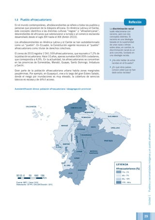 La discriminación racial
suele relacionarse con
racismo, pero son dos
conceptos distintos. El
racismo es una ideología
basada en la superioridad
de unas razas o etnias
sobre otras; en cambio, la
discriminación racial es un
acto concreto, fundado en
una ideología racista.
•	¿Ha oído hablar de actos
racistas en el Ecuador?
•	¿En qué otros países
conoce usted que se han
dado actos racistas?
Reflexión
1.3	 Pueblo afroecuatoriano
En el mundo contemporáneo, afrodescendientes se refiere a todos los pueblos y
personas que provienen de la diáspora africana. En América Latina y el Caribe,
este concepto identifica a las distintas culturas “negras” o “afroamericanas”,
descendientes de africanos que sobrevivieron a la trata o al comercio esclavista
desarrollado desde el siglo XVI hasta el XIX (Antón 2010).
Los afrodescendientes en América Latina y el Caribe se han autodeterminado
como un “pueblo”. En Ecuador, la Constitución vigente reconoce al “pueblo”
afroecuatoriano como titular de derechos colectivos.
El censo de 2010 registra 1’041.559 afroecuatorianos, que equivale a 7,2% de
la población ecuatoriana. Hace 10 años, apenas sumaban 604.009 ciudadanos,
que correspondía a 4,9%. En la actualidad, los afroecuatorianos se concentran
en las provincias de Esmeraldas, Manabí, Guayas, Santo Domingo, Imbabura
y Carchi.
Gran parte de la población afroecuatoriana urbana habita zonas marginales
paupérrimas. Por ejemplo, en Guayaquil, vive a lo largo del gran Estero Salado,
donde el riesgo por inundaciones es muy elevado, la cobertura de servicios
básicos es escasa y de difícil acceso.
Autoidentificación étnica: población afroecuatoriana / desagregación provincial
Unidad1Pueblosynacionalidadesindígenasyelpuebloafroecuatoriano
29
 