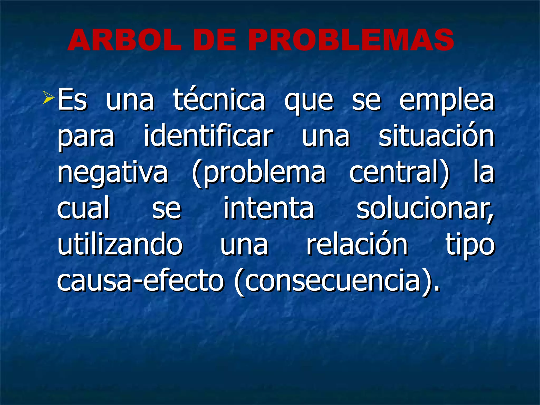 Es una técnica que se emplea para identificar una situación negativa (problema central) la cual se intenta solucionar, utilizando una  relación tipo causa-efecto (consecuencia). ARBOL DE PROBLEMAS 