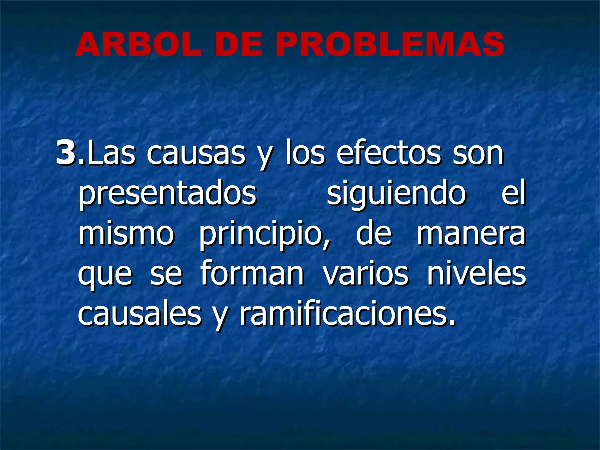 3 .Las causas y los efectos son  presentados  siguiendo el mismo principio, de manera que se forman varios niveles causales y ramificaciones.  ARBOL DE PROBLEMAS 