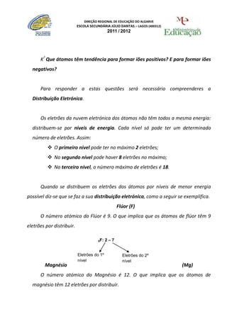 DIREÇÃO REGIONAL DE EDUCAÇÃO DO ALGARVE
                           ESCOLA SECUNDÁRIA JÚLIO DANTAS – LAGOS (400312)
                                            2011 / 2012




      K? Que átomos têm tendência para formar iões positivos? E para formar iões
  negativos?


      Para responder a estas questões será necessário compreenderes a
  Distribuição Eletrónica.


      Os eletrões da nuvem eletrónica dos átomos não têm todos a mesma energia:
  distribuem-se por níveis de energia. Cada nível só pode ter um determinado
  número de eletrões. Assim:
           O primeiro nível pode ter no máximo 2 eletrões;
           No segundo nível pode haver 8 eletrões no máximo;
           No terceiro nível, o número máximo de eletrões é 18.


      Quando se distribuem os eletrões dos átomos por níveis de menor energia
possível diz-se que se faz a sua distribuição eletrónica, como a seguir se exemplifica.
                                                  Flúor (F)
      O número atómico do Flúor é 9. O que implica que os átomos de flúor têm 9
eletrões por distribuir.

                                      9F:   2–7


                           Eletrões do 1º           Eletrões do 2º
                           nível                    nível
        Magnésio                                                             (Mg)
      O número atómico do Magnésio é 12. O que implica que os átomos de
  magnésio têm 12 eletrões por distribuir.
 