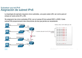 44
© 2021 Cisco y/o sus filiales. Todos los derechos reservados. Información
confidencial de Cisco
Subnetear una red IPv6
Asignación de subred IPv6
La topología de ejemplo requiere cinco subredes, una para cada LAN, así como para el
enlace en serie entre R1 y R2.
Se asignaron las cinco subredes IPv6, con el campo ID de subred 0001 a 0005. Cada
subred /64 proporcionará más direcciones de las que jamás se necesitarán.
 